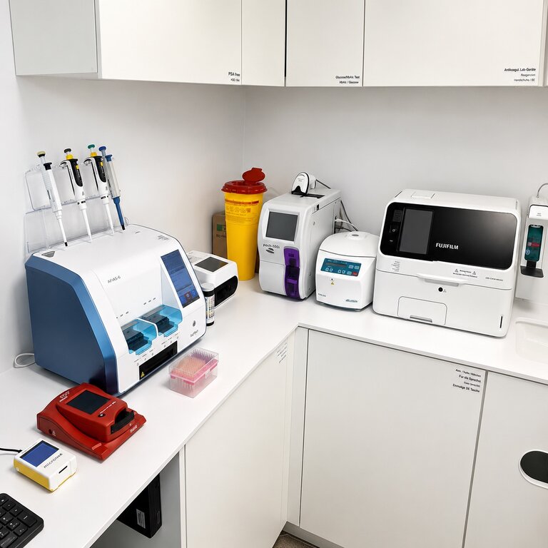 Ein laboratoryähnlicher Raum mit verschiedenen Geräten. Auf einem Tisch stehen Pipetten, ein Thermocycler, ein Inkubator und ein Automaten für Tests. Im Hintergrund sind Schränke mit beschrifteten Fächern.