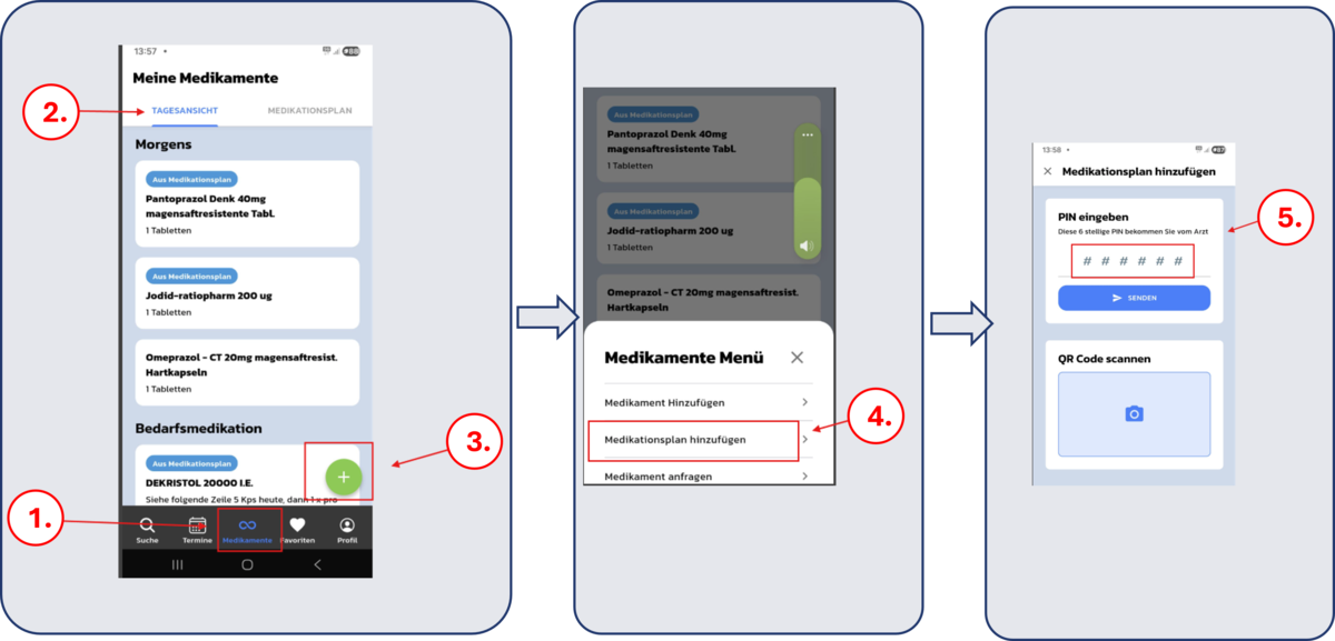 Screenshot einer mobilen App zur Medikamentenverwaltung. Der Benutzer sieht eine Übersicht seiner Medikamente, wählt das Medikamentenmenü aus und wird zu den Einstellungen geleitet, um Informationen anzuzeigen oder QR-Codes zu scannen.